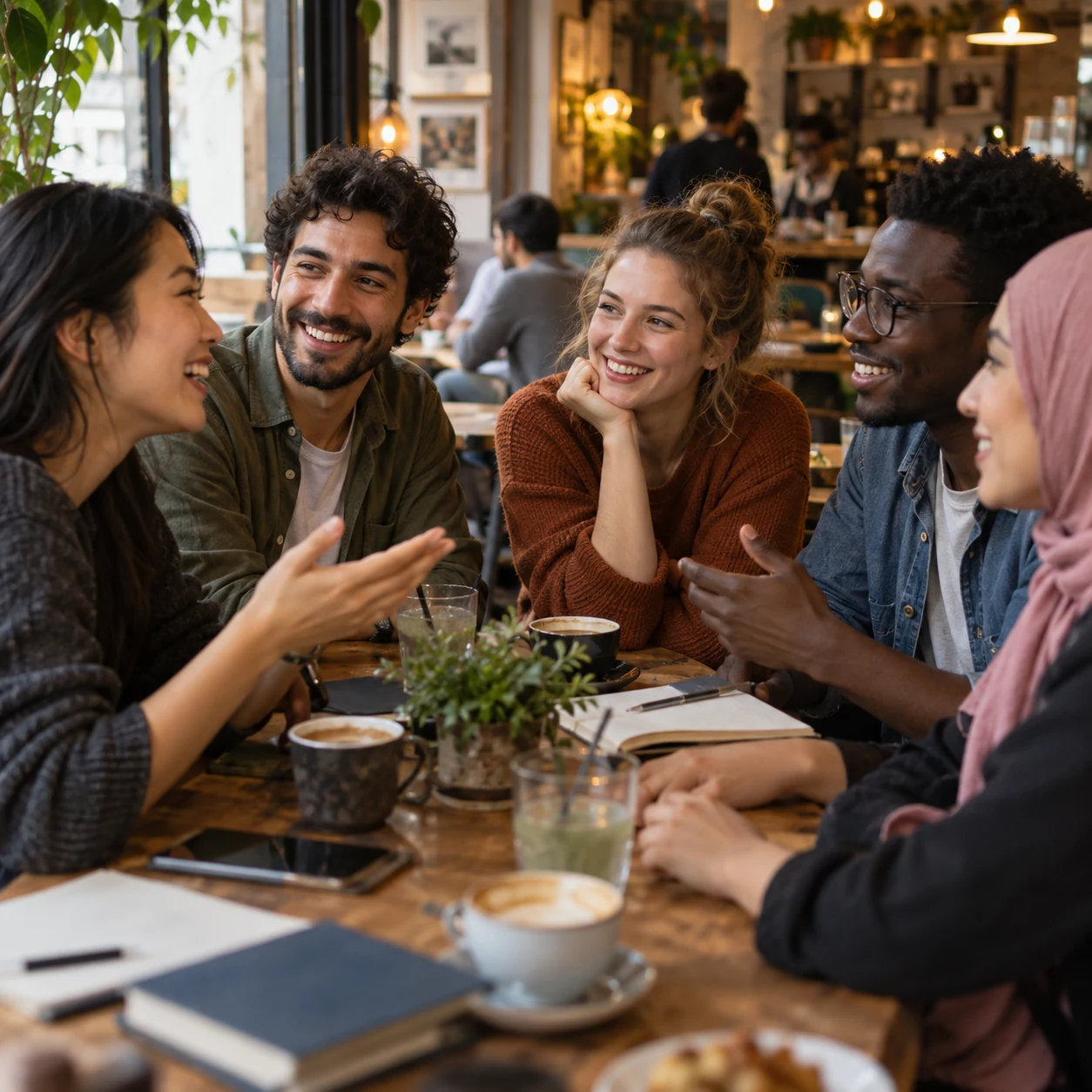 Un grupo de amigos conversa y se ríe alrededor de una mesa de café