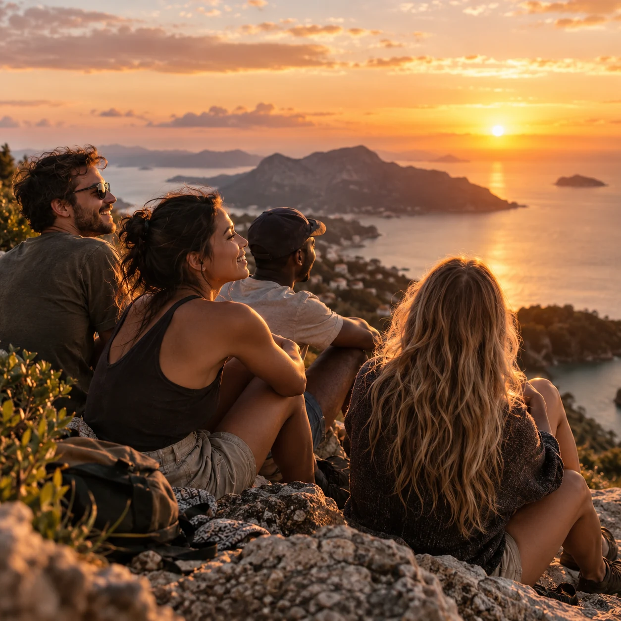 Cuatro amigos comparten el atardecer desde un mirador frente al mar